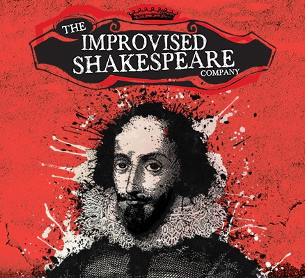 Illustration of Shakespeare and Improvised Shakespeare Company logo on red back