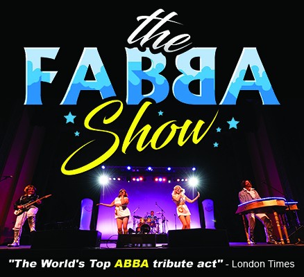 Photo of The FABBA Show performing as ABBA on stage + title/name in text