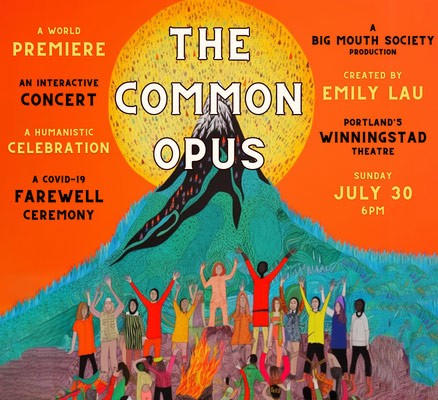 Title art illustration The Common Opus: a sun behind a mountain top w/ people