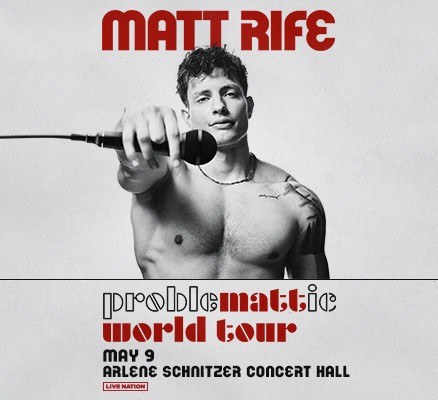 Photo of Matt Rife shirtless holding a microphone as if about to drop it + text