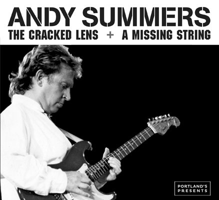 Black and white photo of Andy Summers playing guitar with title text
