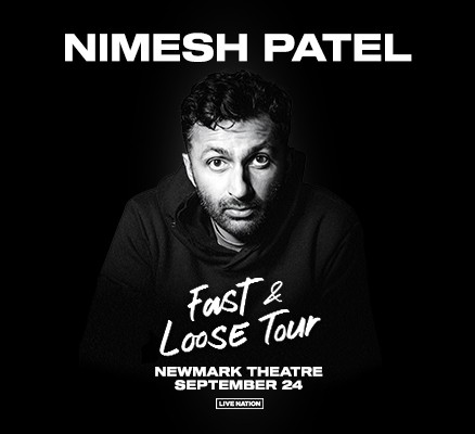 Black & white photo of Nimesh Patel with name, date, venue in text