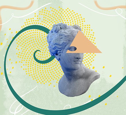 The Marriage of Figaro image: colorful graphics with 3-D statue of woman's head 