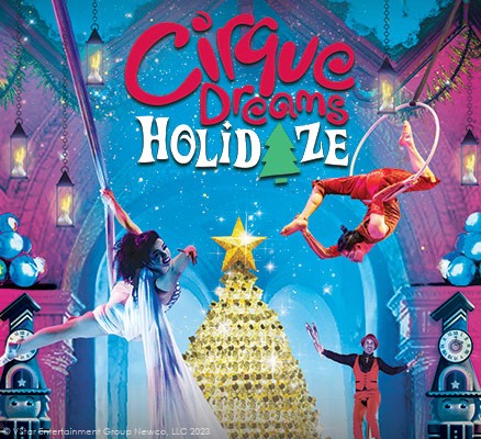 Cirque Dreams Holidaze title art and photo of two aerial artists performing