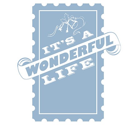 It's a Wonderful Life title art with text on a blue stamp shape background