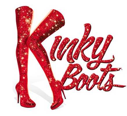 Kinky Boots sparkly red title art with sparkly red boots as the "K" in title