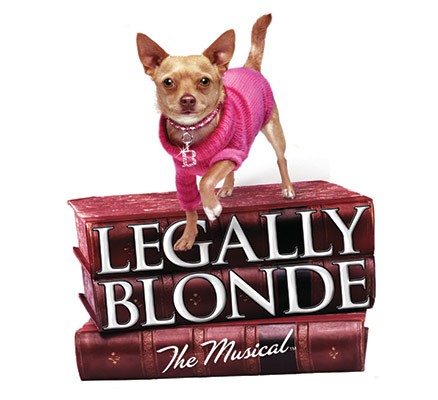 Legally Blonde title art with tan chihuahua in pink vest on top of stacked books