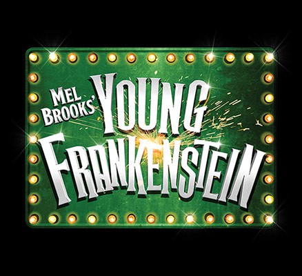 Young Frankenstein title art on green background with marquee lights as border