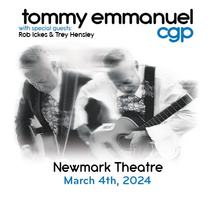 Tommy Emmanuel image: two photos side-by-side of Tommy playing guitar + text
