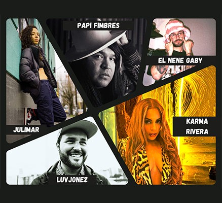 Photo collage of Karma Rivera, Papi Fimbres, Luvjonez, Julimar, DJ El Nene Gaby
