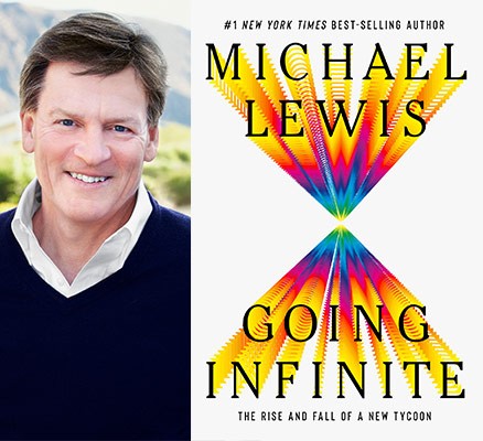 Michael Lewis photo (left) & Going Infinite book cover image (right)