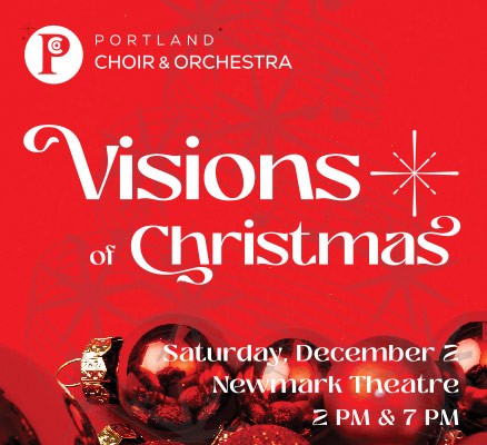 Visions of Christmas image of red ornaments on red background with info in text