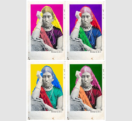 Four same black & white photos of woman with different color backgrounds