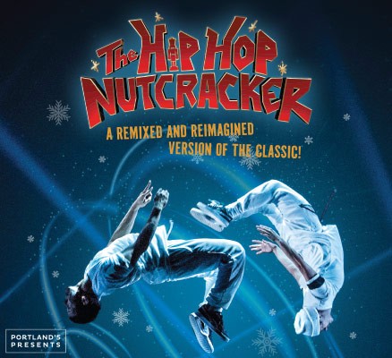 Photo of two Hip Hop Nutcracker dancers in mid-air doing flips + HHN logo