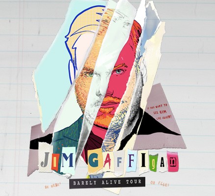 Jim Gaffigan Barely Alive Tour art image with Jim's profile in collage