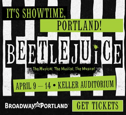 Beetlejuice title art image with text on black and white and green stripes background