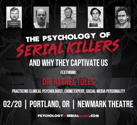 Image with mugshots of five serial killers with red and white title text
