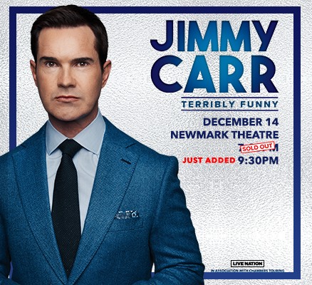 Photo of Jimmy Carr wearing a suit with name, tour name, date, venue in text