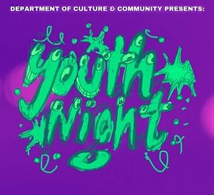 Green illustration image of "Youth Night" on purple background