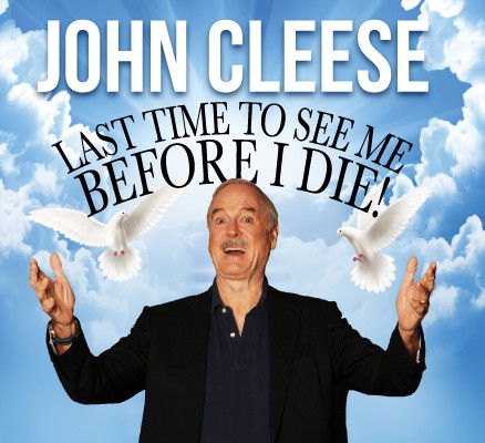 Photo of John Cleese with hands up in air and two doves flying + title text