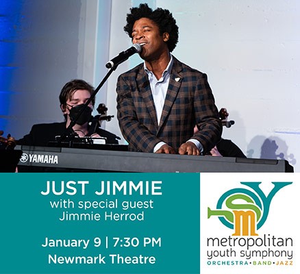 Photo of Jimmie Herrod playing piano plus event info in text