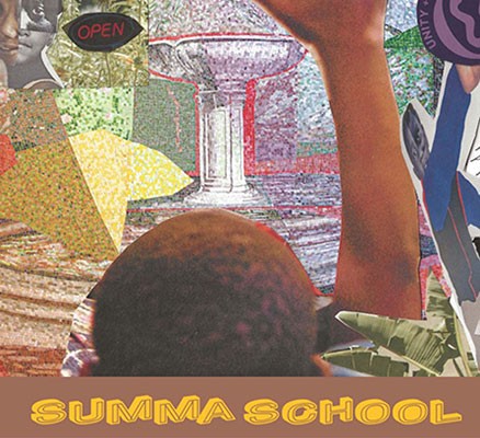 illustration of black boy from behind raising hand with colorful shapes around and words summa school at bottom