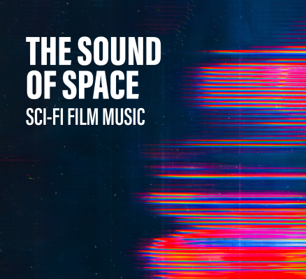 the sounds of space text on black with red and blue blurred design
