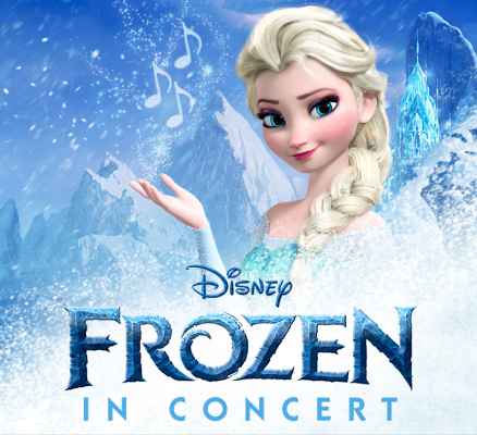 elsa from frozen in front of blue backdrop with snowflakes, ice and white music notes. text reads frozen in concert