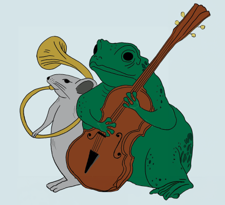 illustrated frog and mouse holding instruments in front of light blue background