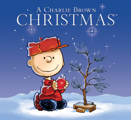 illustration of charlie brown in snow holding ornament next to small bare christmas tree