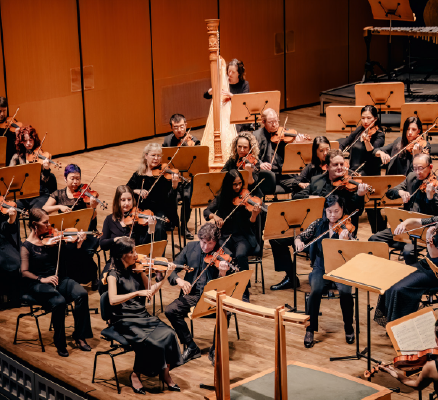 string section of symphony playing on stage dressed in all black