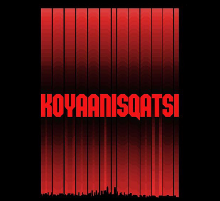 koyaanisqatsi written in red with red lines on top and bottom in front of black backdrop