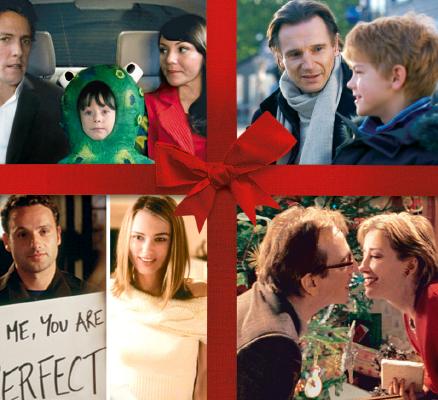 four scenes from the movie love actually framed with a red holiday bow