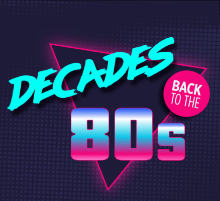 text reads decads back to the 80s in neon font on top of pink and purple triangle and purple background