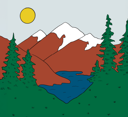 illustration of orange mountains with snow peaks and trees surrounding a lake with the sun in the sky