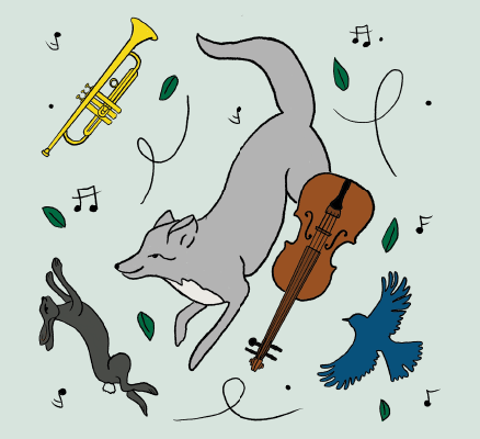 illustration of foxes, birds and instruments atop a light green background