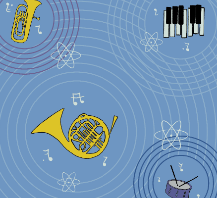 illustration of instruments atoms and musical notes on blue background