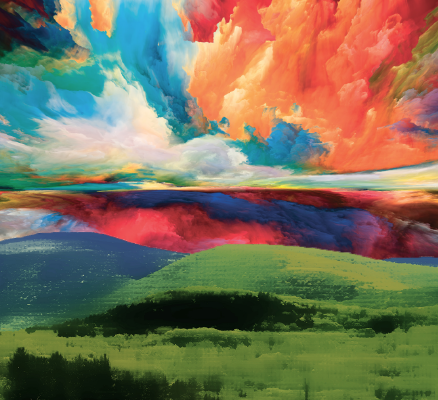 painting of rolling hills with brightly colored clouds and sky