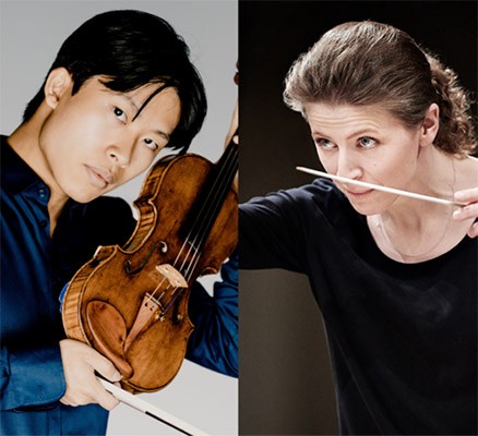 Photo of Kerson Leong holding violin & Kristiina Poska conducting