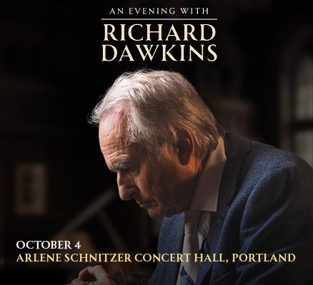 Photo of Richard Dawkins (sideview profile) with event title text