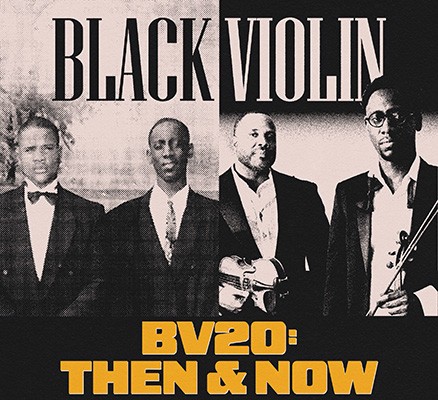 Side by side black and white photos of Black Violin: Kev Marcus and Wil Baptiste