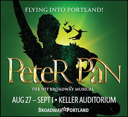 Peter Pan title art image of human silhouettes on green background + gold text
