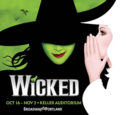 WICKED title art of one witch in black and one witch in white