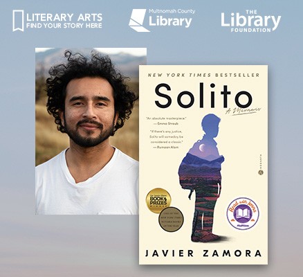 Photo of Javier Zamora and book cover image of "Solito" + title text