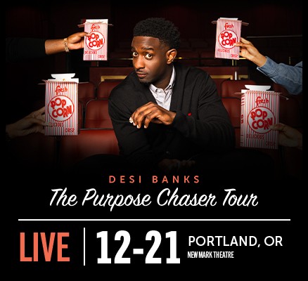 Desi Banks sitting in theatre seats as hands offer boxes of popcorn. Text reads The Purpose Chaser Tour