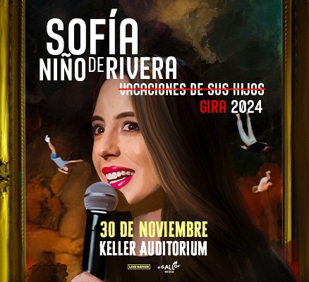 Comic Sofia Niño de Rivera holding a microphone and text stating her name and date of performance