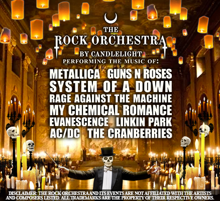 Compilation photo of a ghostly symphony conductor surrounded by candles with text reading The Rock Orchestra by Candlelight