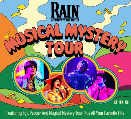 Graphic in the style of The Beatles Yellow Submarine with photos of the band