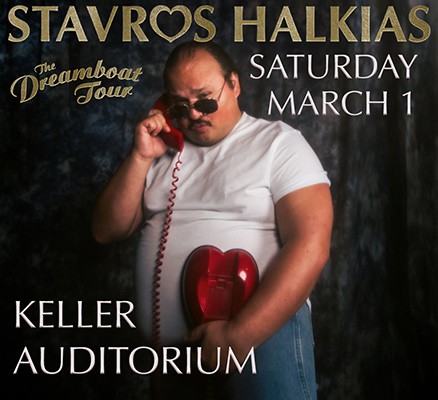 Photo of Stavros Halkias holding a red phone to his ear + event title text