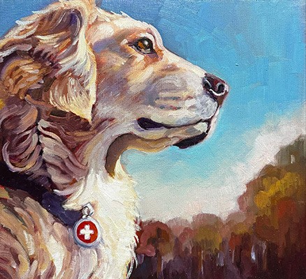 Painting of golden retriever profile with trees and blue skiy in background
